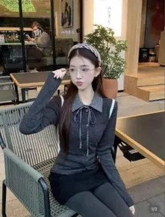 ポロリブニット 長袖 SHEIN ワンホン スナ系 韓国系 チェック