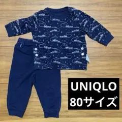 【80サイズ】UNIQLOネイビー 列車柄 ベビーパジャマ