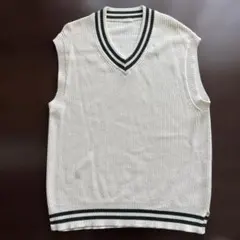 ホワイト/グリーン ノースリーブセーター S