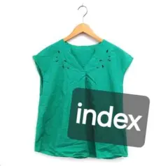 美品★INDEX★ブラウス フレンチスリーブ レース コットン 綿 半袖 M 緑のサムネイル