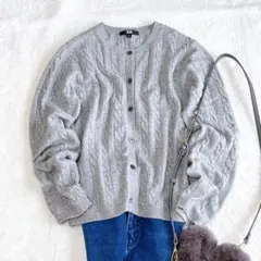 ユニクロ　ケーブルニットカーディガン　Mサイズ　グレー　薄手　コットンブレンド