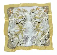 植物柄 シルク風 スカーフ ストール イエロー 大判 90cm×90cm