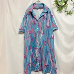レトロ柄 半袖シャツワンピース ブルー系 ボタニカル ヴィンテージ ゆったり
