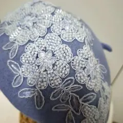 刺繍花柄 ベレー帽 ライトブルー