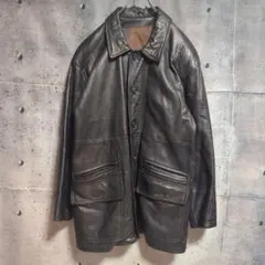 ヴィンテージ レザージャケットコート ボタン付き アウター 本革 革ジャン 黒のサムネイル