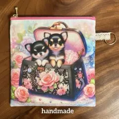 限定品❣️レアパネル生地　bag ブラックチワワフラットポーチ　ハンドメイド