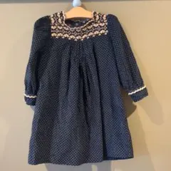 CARAME ネイビー ドット柄 七分袖ワンピース