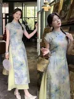 チャイナ風春夏セットアップ　ロング 花柄 グラデーション エレガント　新品