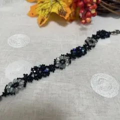 ビーズ花モチーフブレスレット ブラック