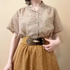 楕円ドット柄 総柄 開襟シャツブラウス 昭和レトロ ヴィンテージ 日本製 茶色