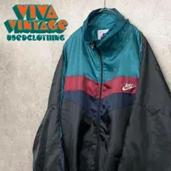 レア90s【古着】ナイキ 刺繍ナイロンジャケット ブラック メンズ2XL