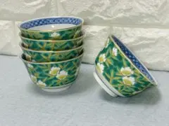 有田焼 明宝窯 佐賀錦 色絵 金彩錦唐草 緑彩花紋 茶碗 湯呑み 5客セット