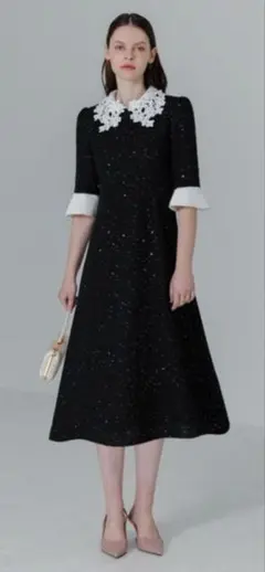 黒いAラインワンピース レースの襟付き
