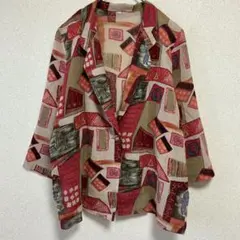 【L】レトロ古着 総柄シャツ ブラウス幾何学 アート柄 シアー 透け感