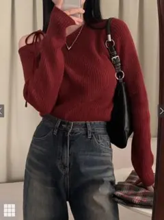 ワンショルダーリボンリブニットトップス[th004]