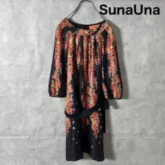 sunauna ウエストベルト付き 長袖 花柄 ワンピース 日本製 N12