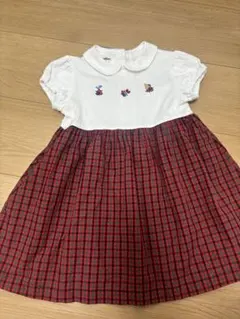familiar 80 赤系チェック 襟付き半袖ワンピース リアちゃん 花刺繍