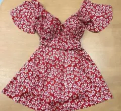【美品】花柄　ワンピース水着　レッド　赤　韓国のサムネイル