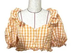 チェック柄フリルブラウス 半袖 パフスリーブ
