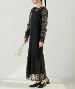 hinari フラワー刺繍チュールレースワンピース　ブラック