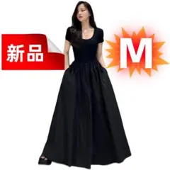 ✨新品✨ブラック フレアスカート Mサイズ マキシワンピース Vネック 大人可愛