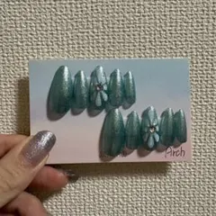 青緑色ラメ花デザインネイルチップ10個