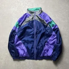 80sPUMAナイロンジャケットレトロマルチカラーネイビーパープルグレー短丈古着