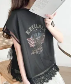 新品　JaVaジャバコラボ チュールレイヤード＆グラフィックプリントTシャツ　Sのサムネイル