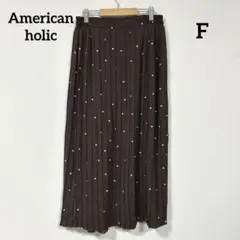 American holic ブラウン プリーツスカート 白ドット ウエストゴム