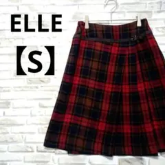 エル　ELLE　ひざ丈　プリーツ　スカート　S　日本製　チェック　レッド