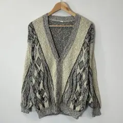 90s ヴィンテージ 総柄 ニットカーディガン グレー 古着 メンズ レディース