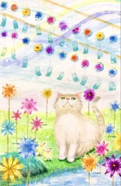 momorin様専用原画 水彩画 花畑の猫と小鳥さん 値段は※900円です