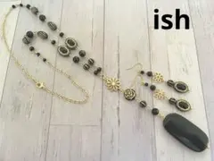 【C117】ishオニキストップ・ゴールデンオブシディアンネックレス＆ピアス