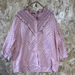 Very Look ピンク ドット柄 五分袖シャツ 水玉　レース　フリル