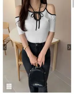 ホルターネック配色オフショルダートップス mh90