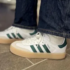 美品 アディダス サンバ ホワイト グリーン レザー 厚底 25cm