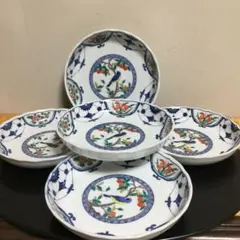 九谷焼丸紋染め付け花鳥絵　丸型5枚揃え