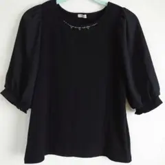 【最終価格】お袖シフォン ビジューつきカットソー黒 異素材