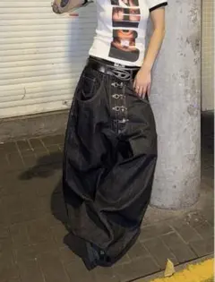 極太ワイド バギーデニムパンツ フックデザイン Y2K