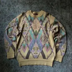 希少 90s 総柄ニット 豪華 vintage レトロ 刺繍 雰囲気 アート