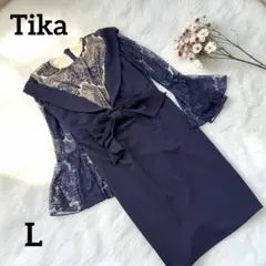 新品✨Tikaレース袖リボン付きネイビーパーティードレス 結婚式 二次会　L
