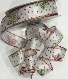 【ワイヤーエッジリボン】 ・スノーフレイク赤緑 ・幅3.8㌢・2m