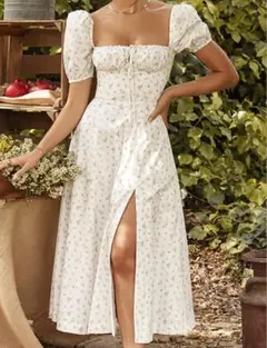 【新品未使用】スクエアネック　花柄　ロングワンピース　アメリカ　リゾート　旅行