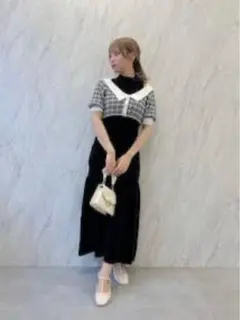 dazzlin ツイードショートニットワンピース ネイビー