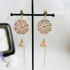 水引とピンクコーラルのピアス／イヤリング　No.128