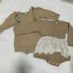 ベージュ フリル レースロンパース　80