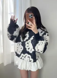 花柄ジャガードショート丈ニットトップス 【ab165f］