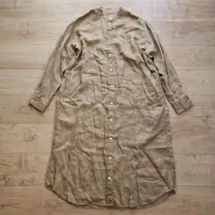 ☆無印良品☆ベージュバンドカラーフレンチリネンシャツワンピース☆美品☆