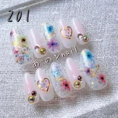 201番☆ネイルチップ ピンクチークフラワー花柄キラキラオーロラ韓国ガーリー上品