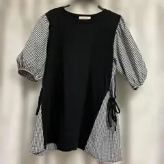 SMI-LEA 半袖 異素材ドッキング トップス ギンガムチェック チュニックのサムネイル